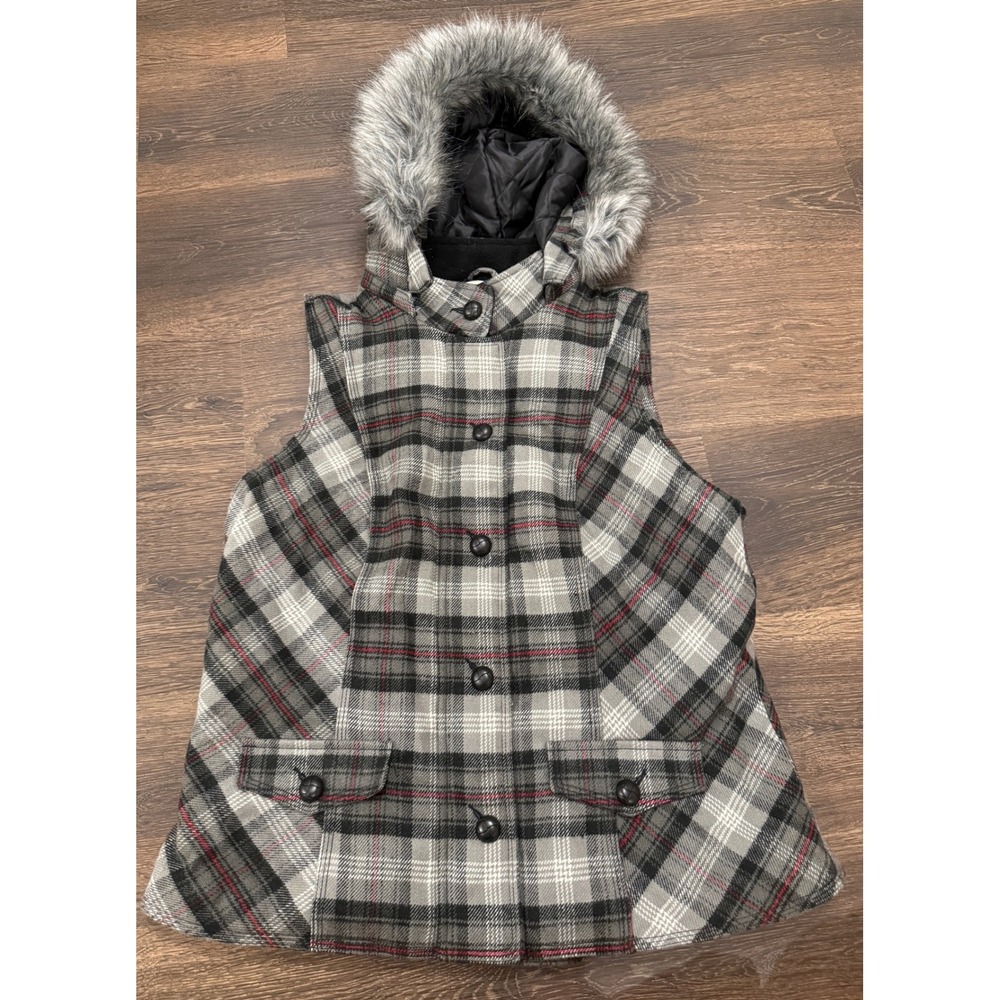 Sonoma Plaid Hooded Vest Womens Medium Gray Faux Fur Trim